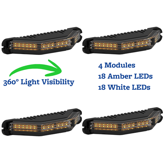 4 Corner Unit 18 LED Module Amber White Strobe Light 12-24v IP67 IP69K R65 (4 Lights)